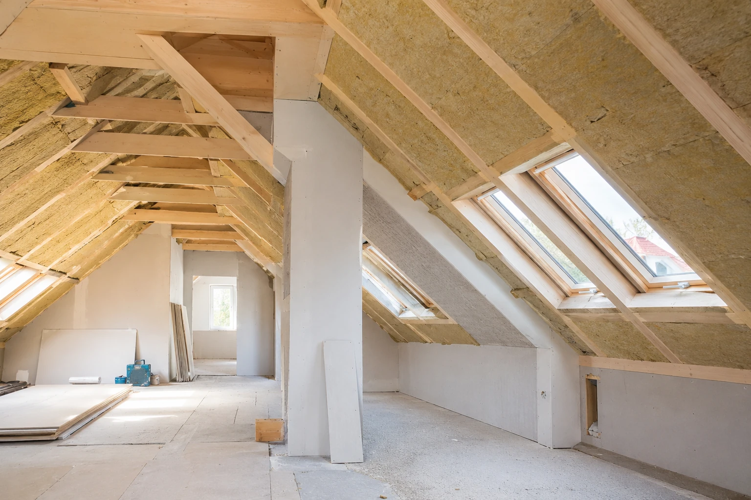 Dachgeschossausbau mit sichtbarer Dämmung und Dachfenstern